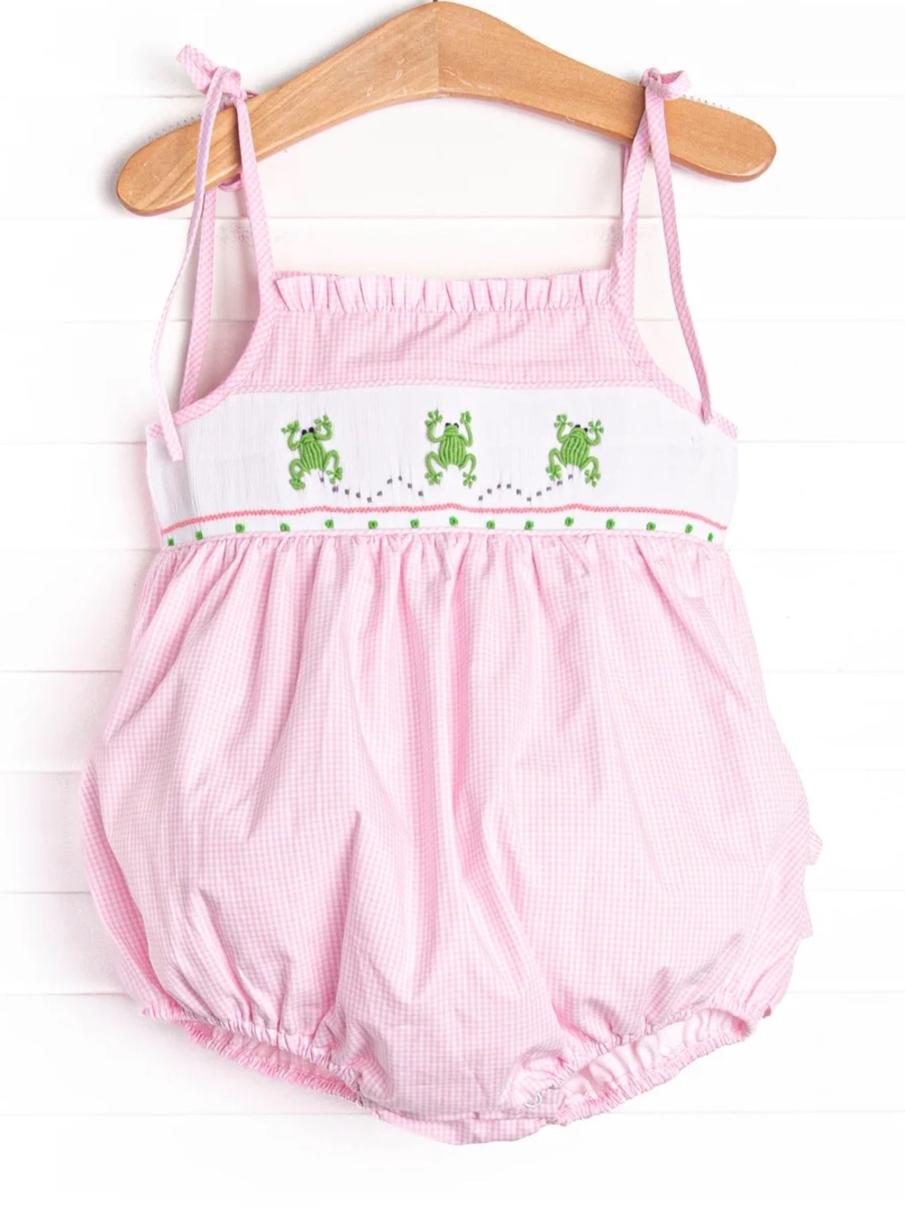 Stitchy Fish Pink Gingham Leap Frog Smocked Baby Bubble Romper Ruffles RARE!